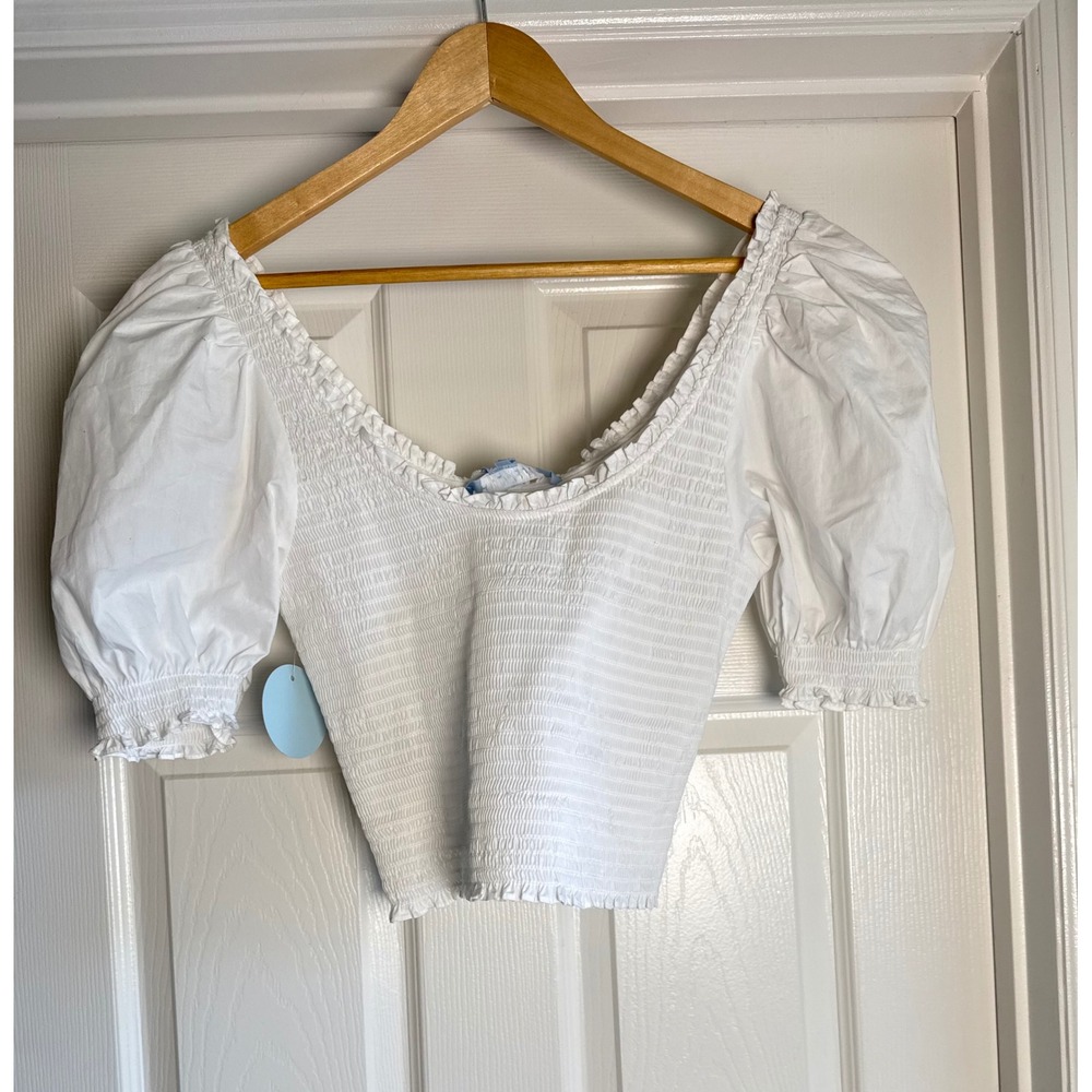 Hill House Home Smocked Top Women M White Puff Sleeve Ruffle Cotton Crop